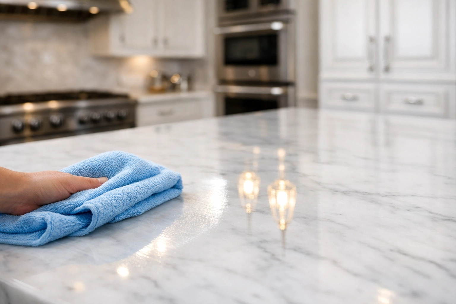 Polished marble kitchen island in a Wellesley home getting a meticulous professional cleaning.