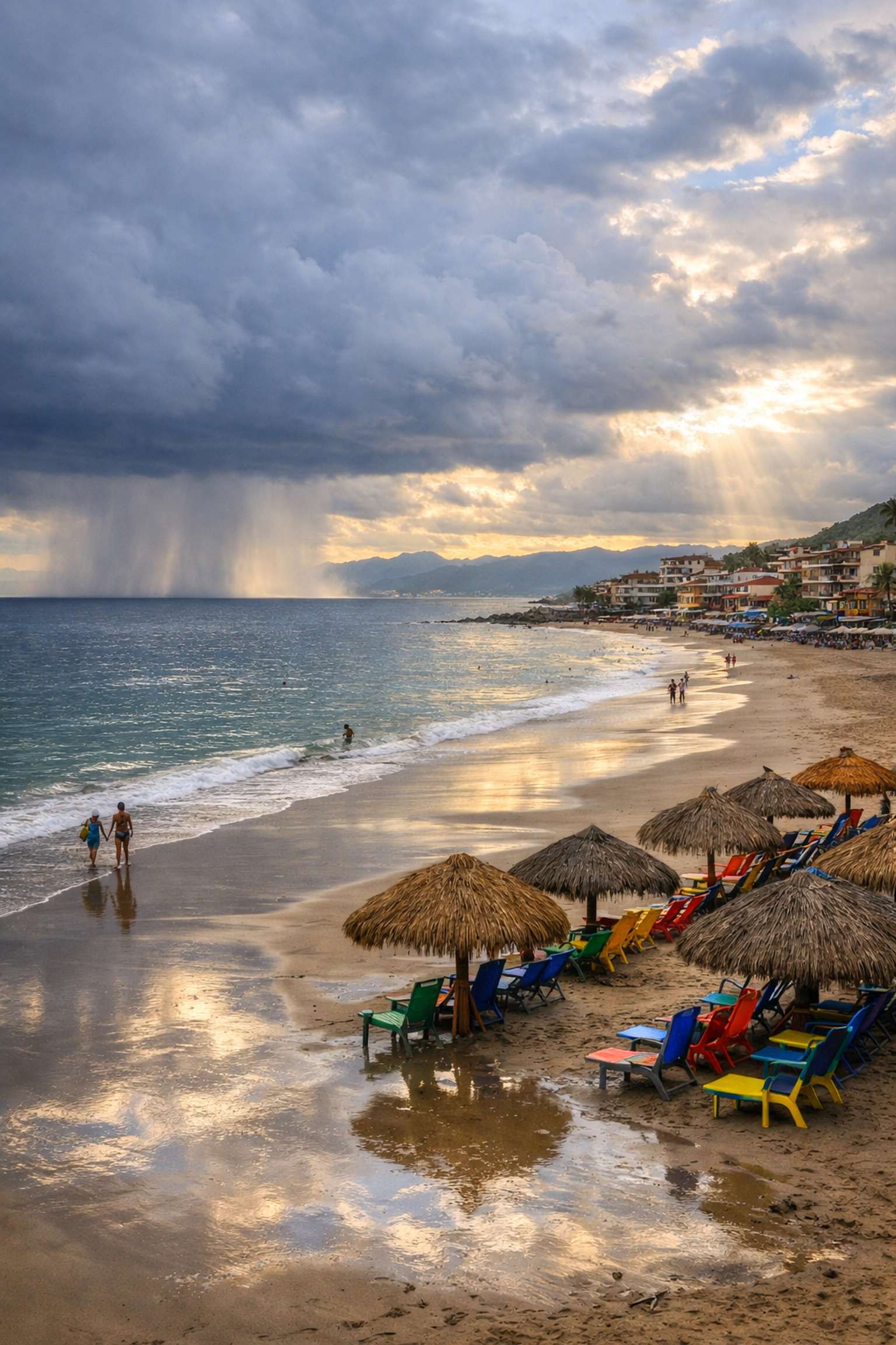 Los Muertos Beach Puerto Vallarta during off-season with few crowds and atmospheric rain showers