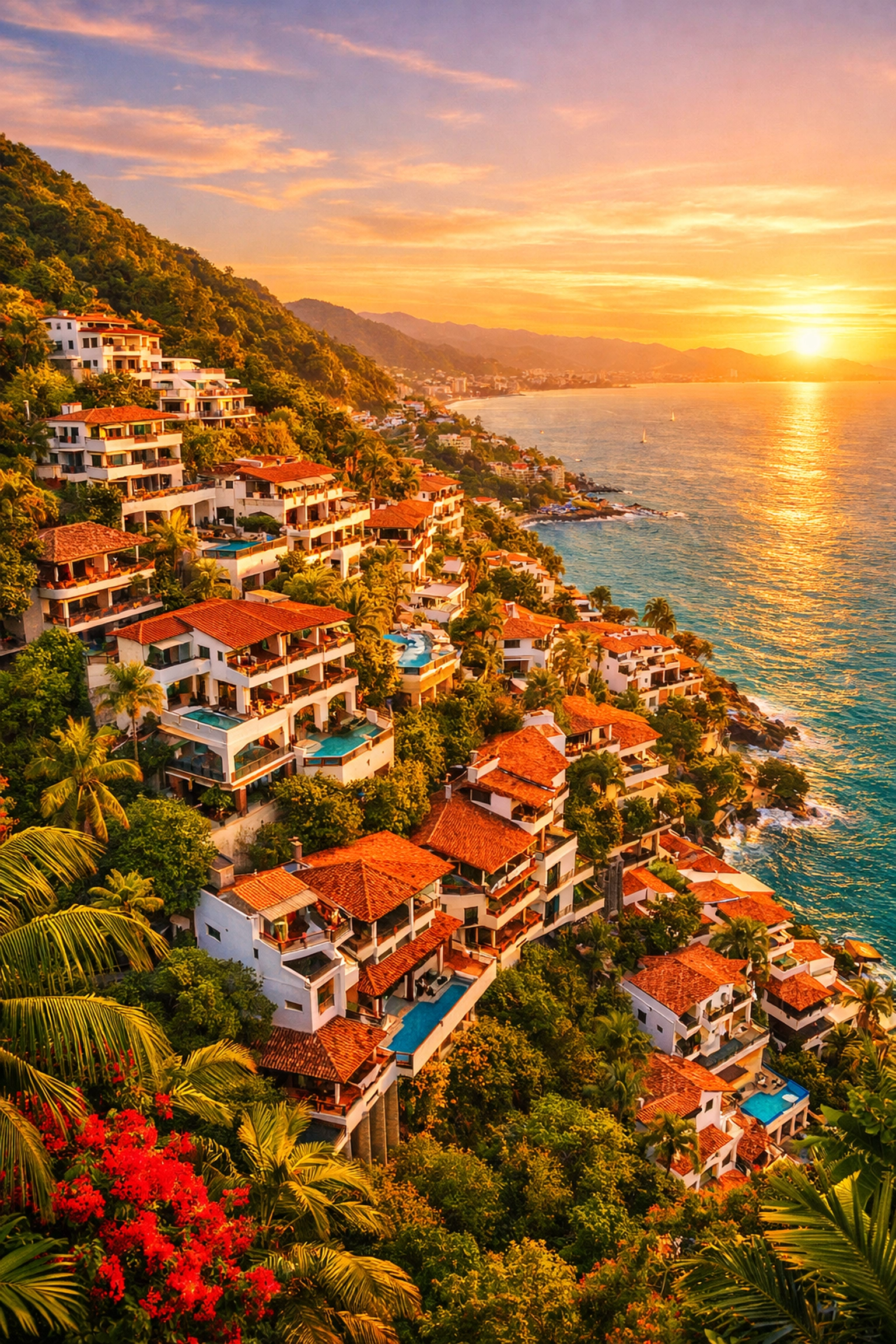 Amapas hillside condos cascading down to Banderas Bay in Puerto Vallarta at sunset