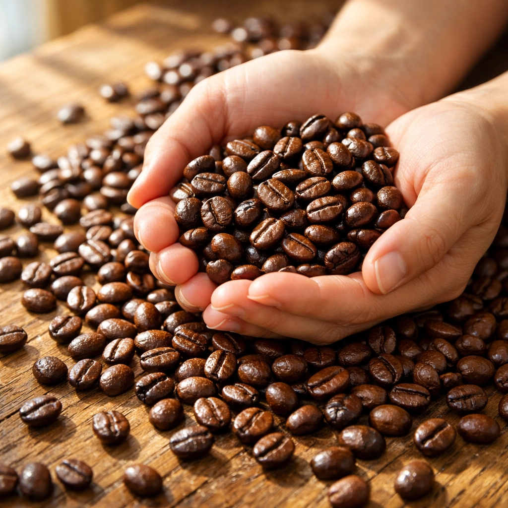 Close-up of freshly roasted coffee beans being cupped in hands on a rustic table.