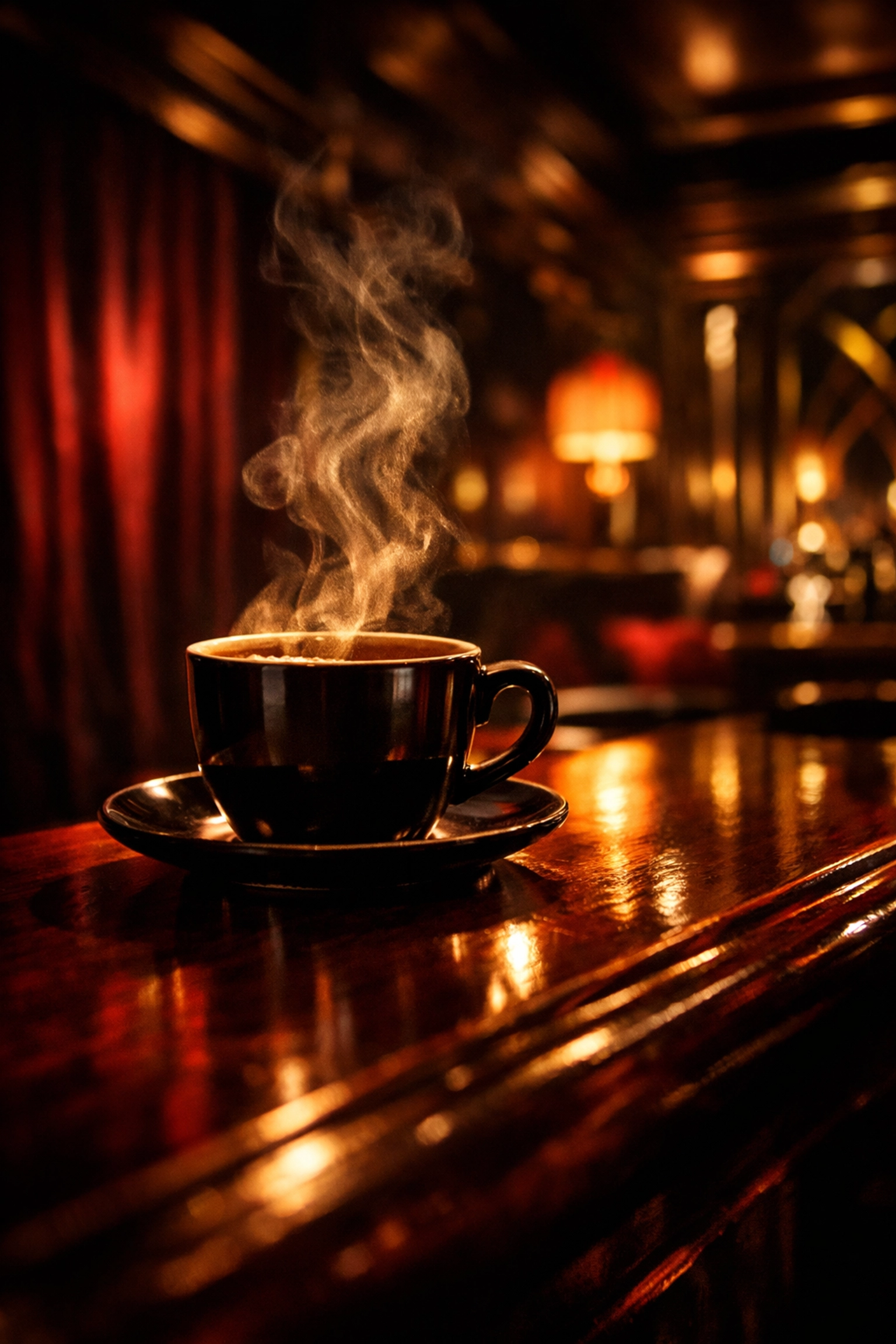 Steaming coffee in upscale lounge setting perfect for mob film movie night