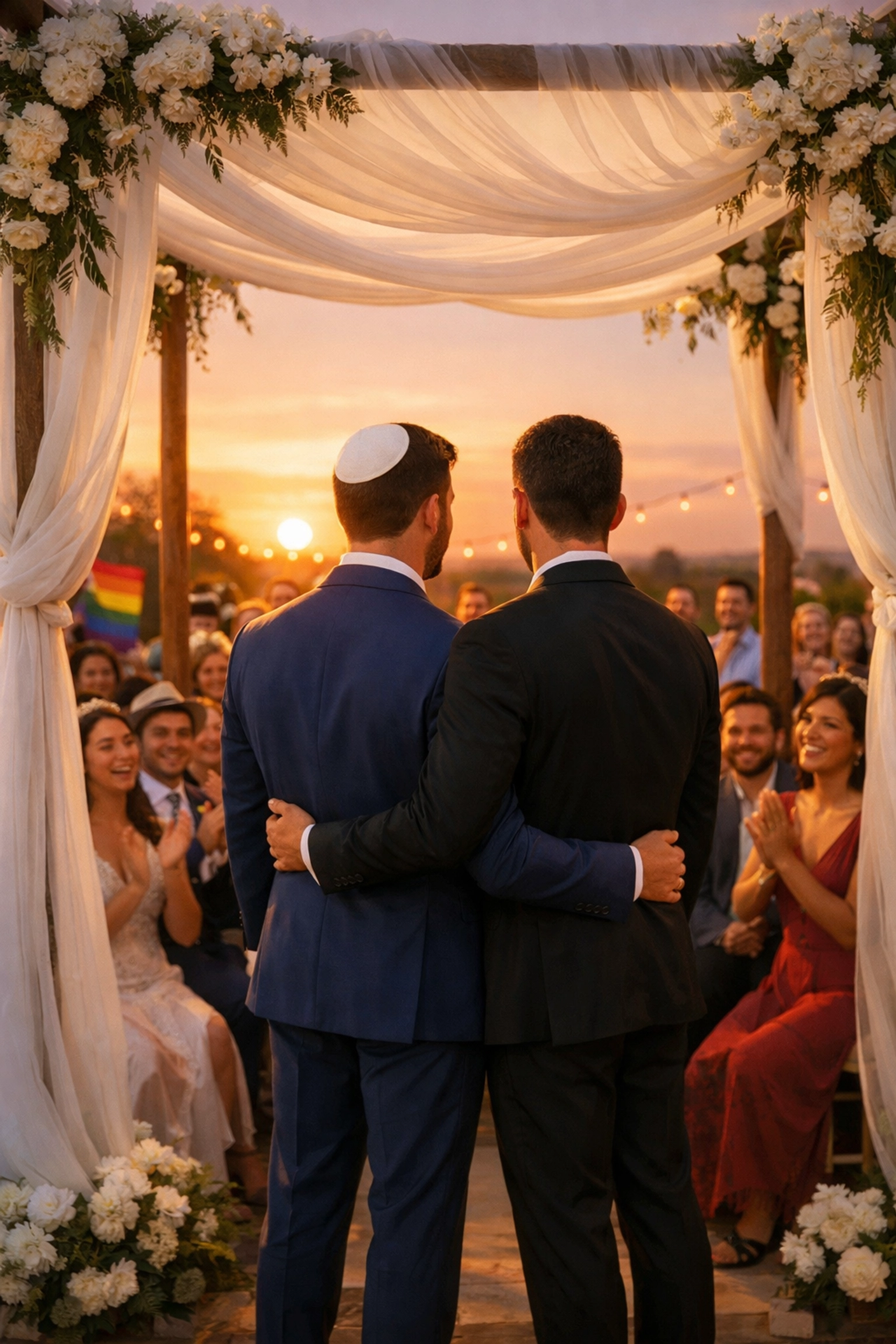 Two grooms under Jewish wedding huppah during LGBTQ+ marriage ceremony