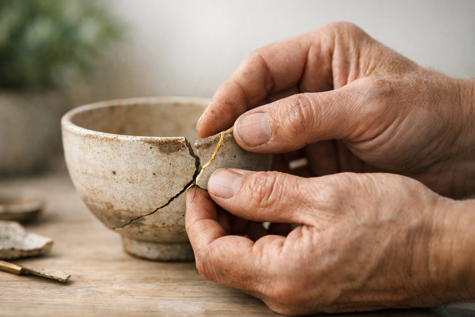 Hands mending a broken ceramic bowl symbolizing community healing and the restorative power of God's grace.