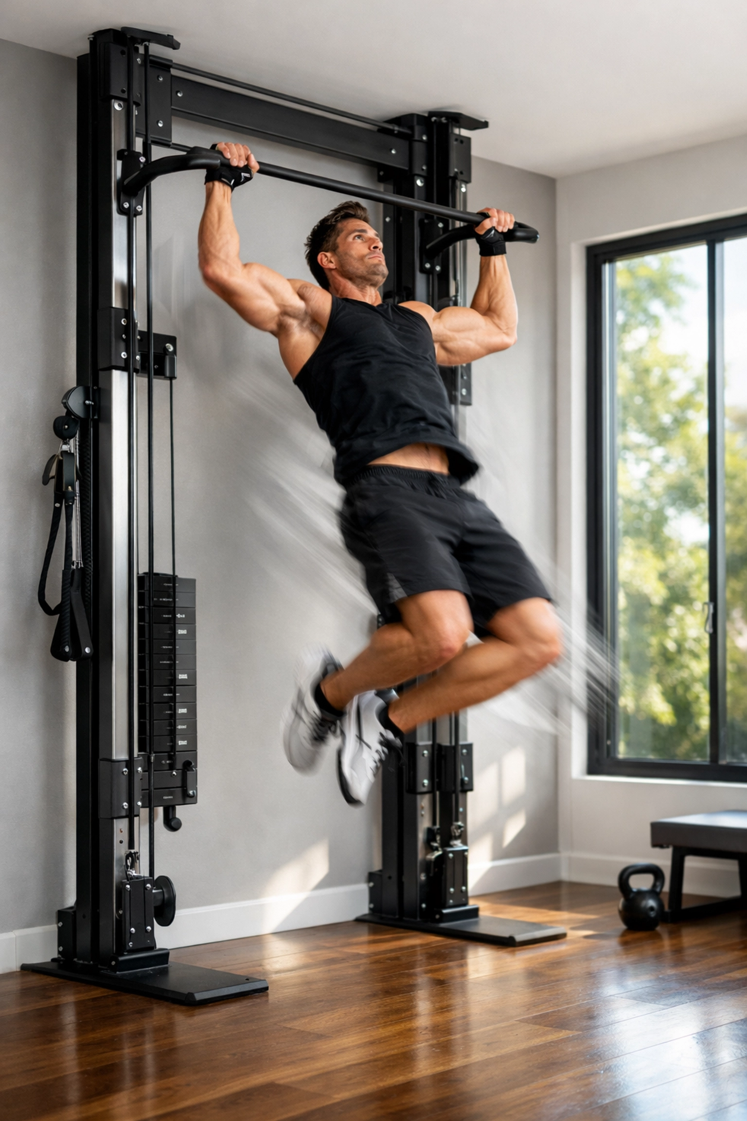 Athlete performing pull-ups on floor-to-ceiling resistance training system in home gym