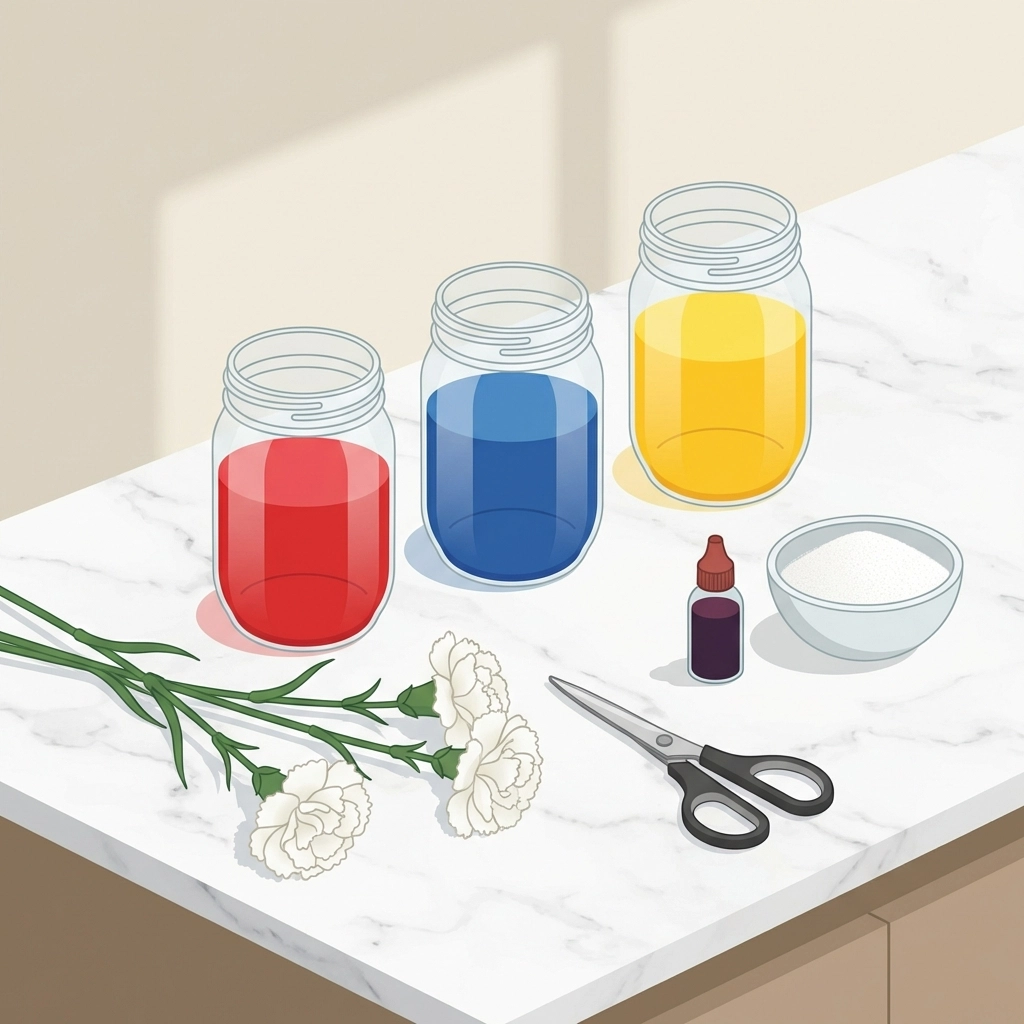 Workspace setup showing jars of colored water, white carnations, scissors, and food coloring for flower dye experiment