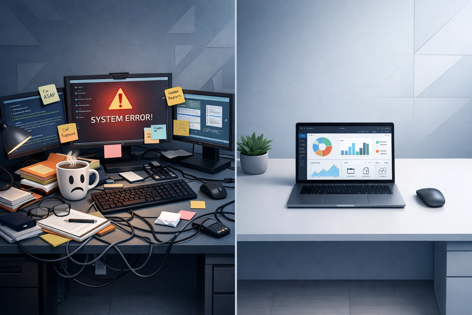 Comparison of cluttered in-house IT desk versus organized outsourced IT workspace