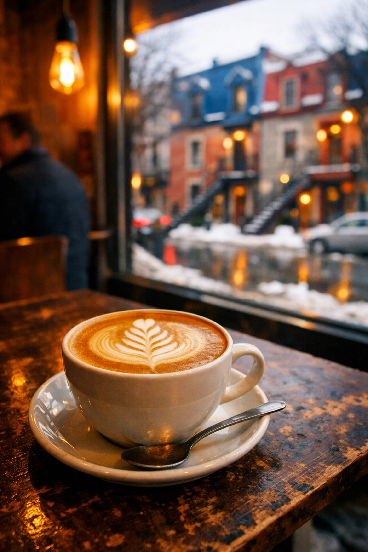 Latte art at a trendy café in the Plateau neighborhood, featuring classic Montreal architecture.