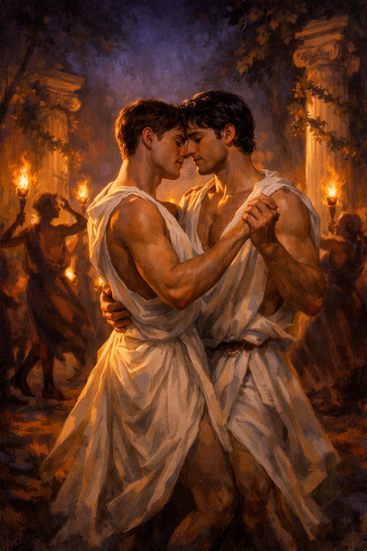 Two men dancing intimately at ancient Roman Bacchanalia festival in torch-lit grove