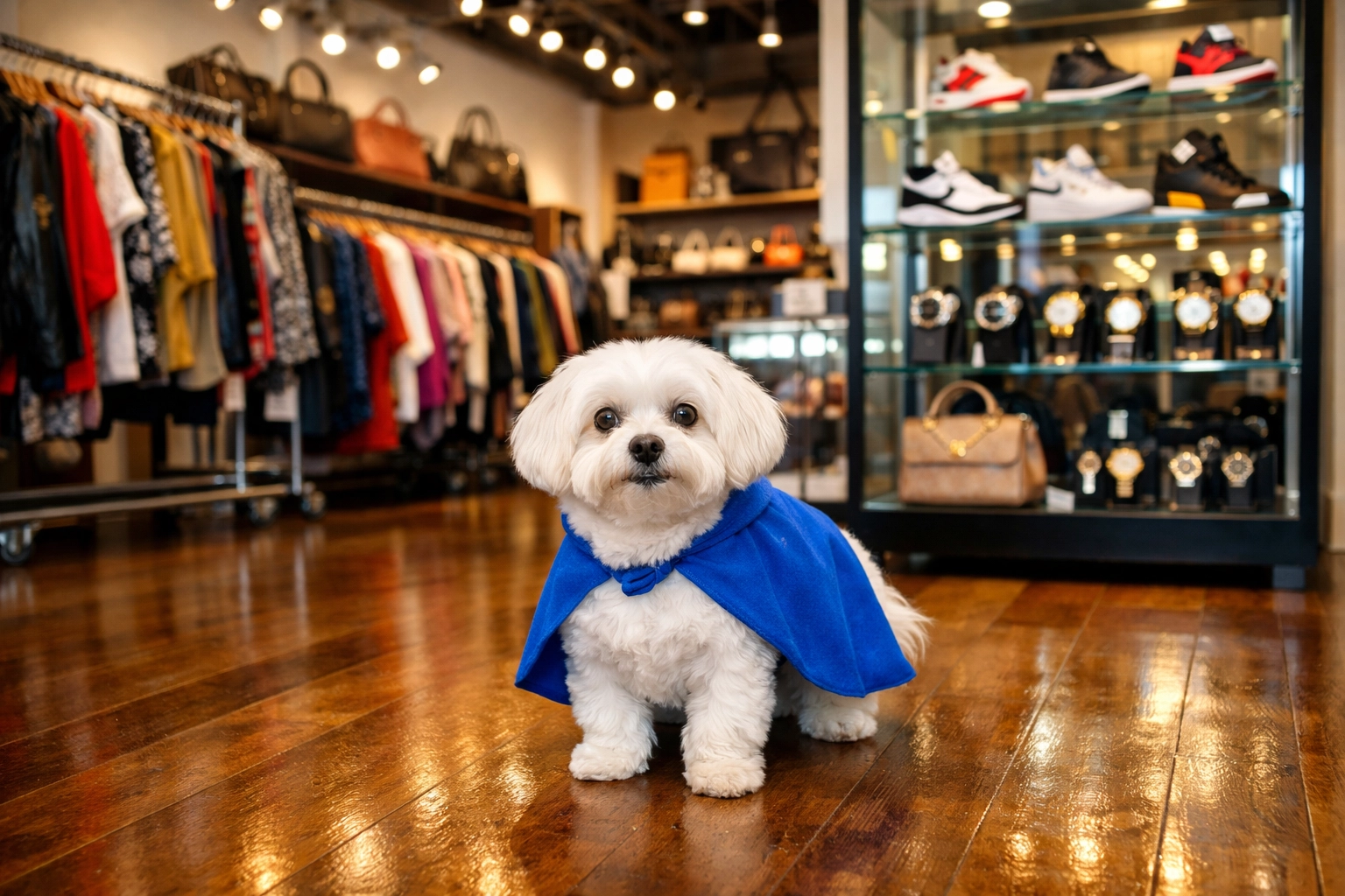 Daisy the Maltese in a designer resale store with authenticated sneakers and luxury fashion items.