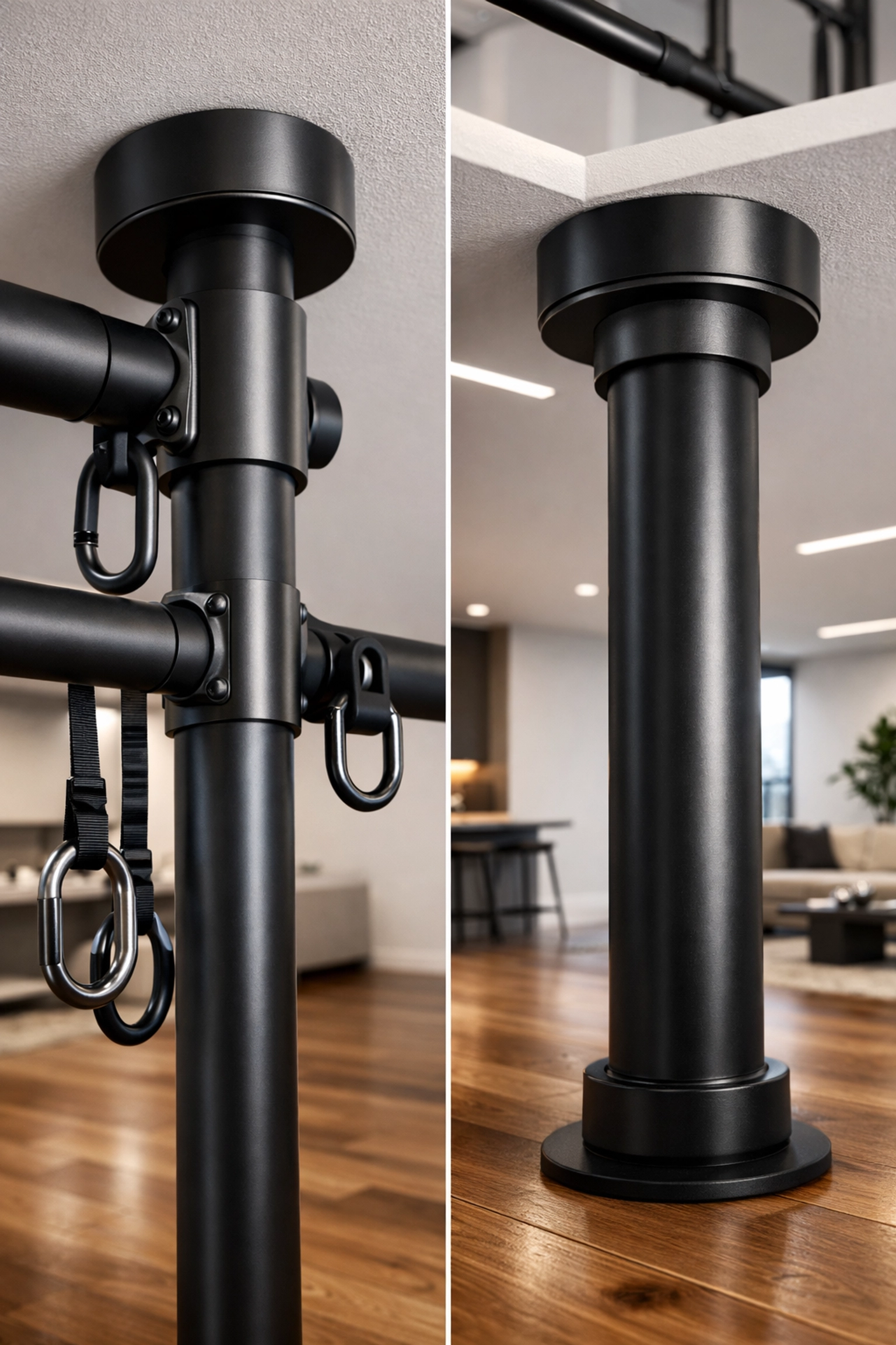 Industrial floor to ceiling gym rail system offering a no wall damage workout system for home.