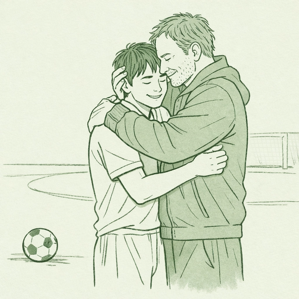 Gay father coach embracing son after soccer goal in supportive sports environment