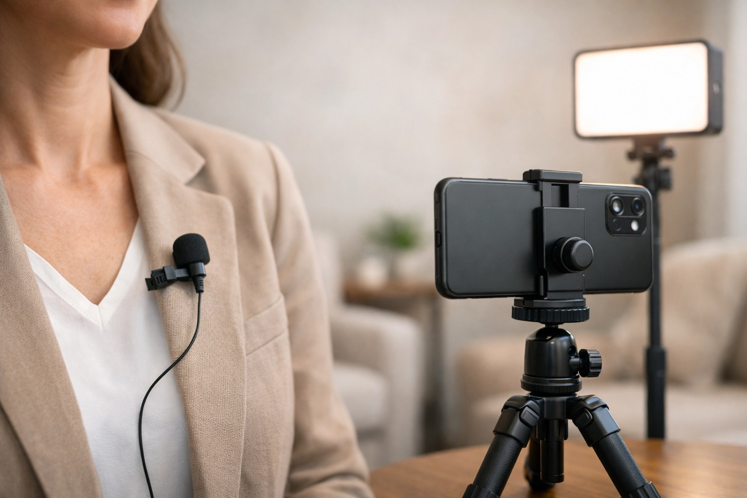 Simple smartphone and microphone setup in a therapy office for authentic video marketing for rehabs.