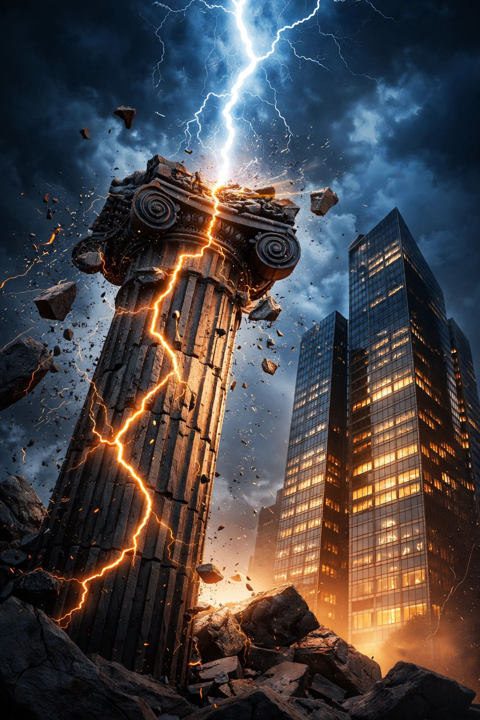 A crumbling stone column struck by lightning symbolizes the decline of traditional finance for accredited investors.