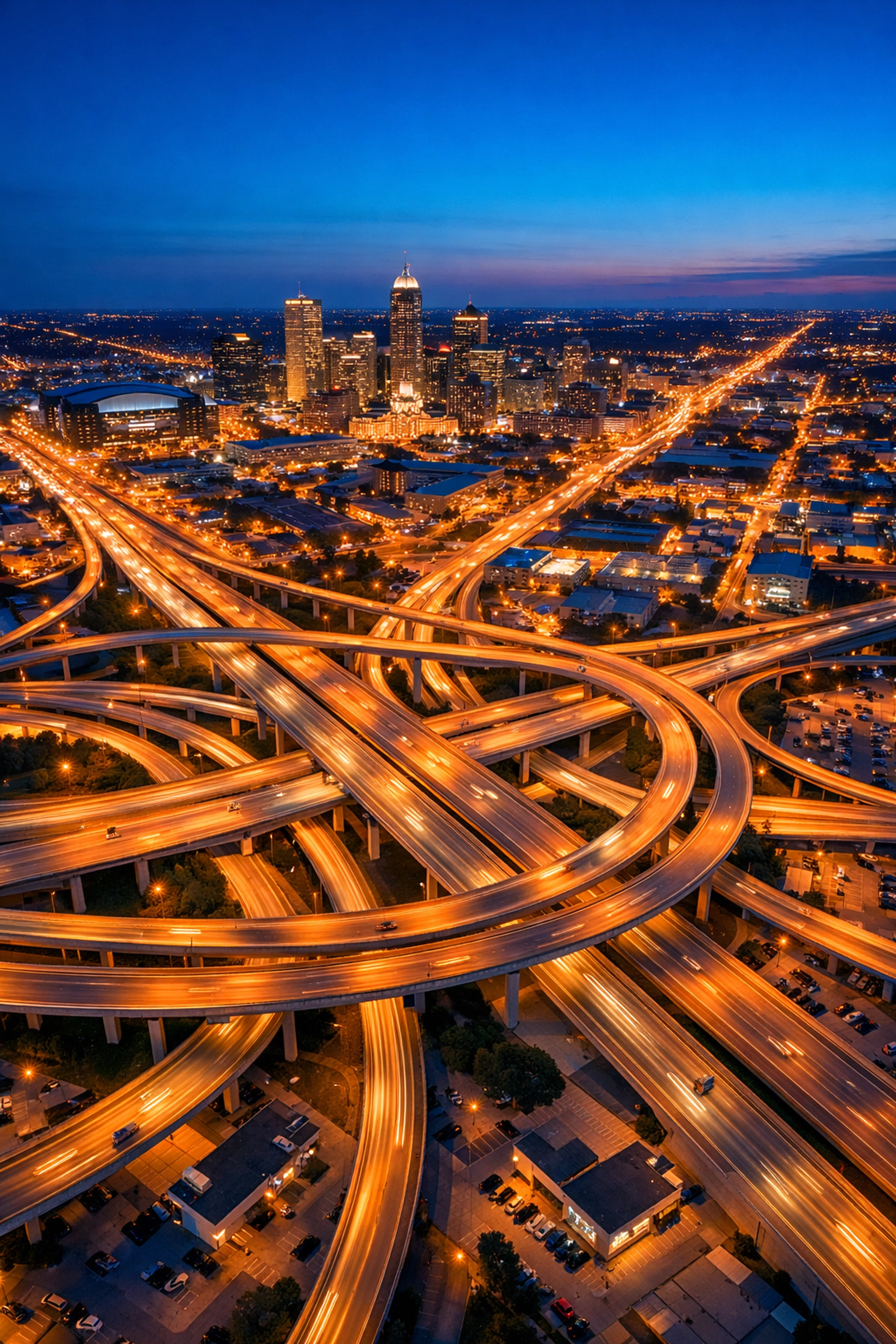 Aerial view of Indianapolis metropolitan city streets at dusk, showing broad service area coverage.