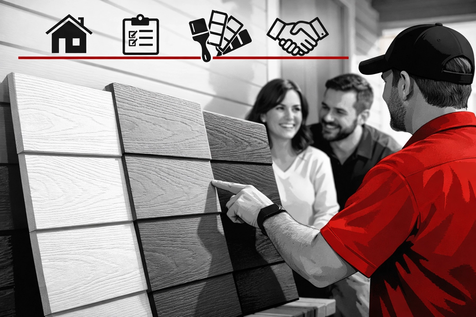 Homeowners reviewing siding color samples during consultation with Chattanooga Exteriors