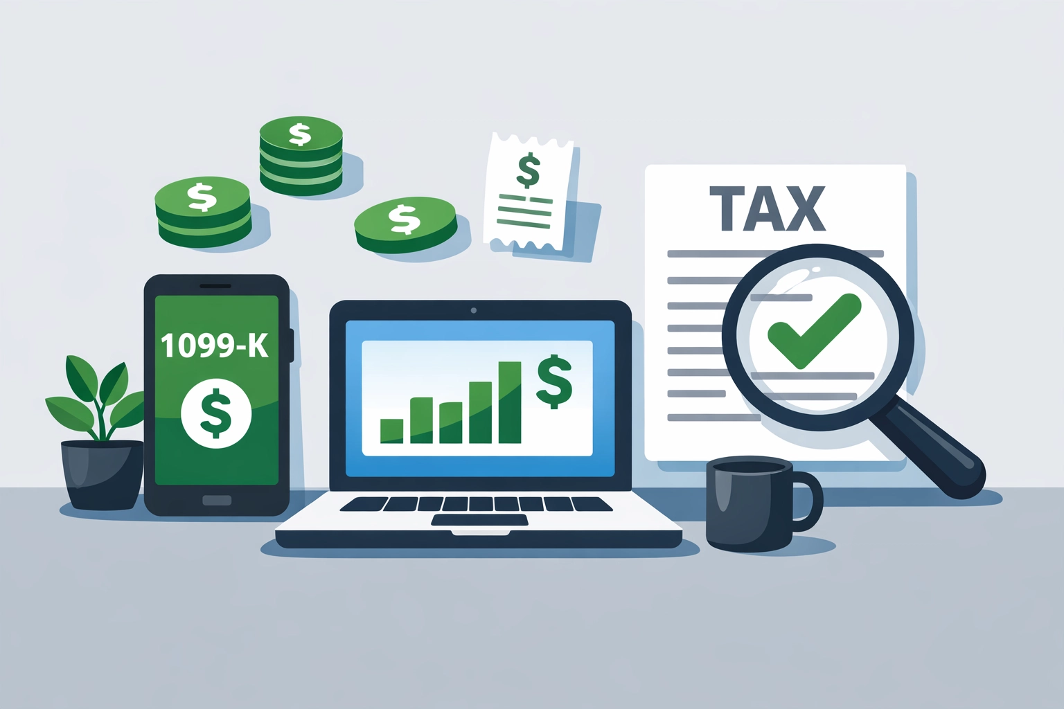 Digital payment icons and tax forms for 1099-K reporting to help small business owners maximize tax refund in 2026.