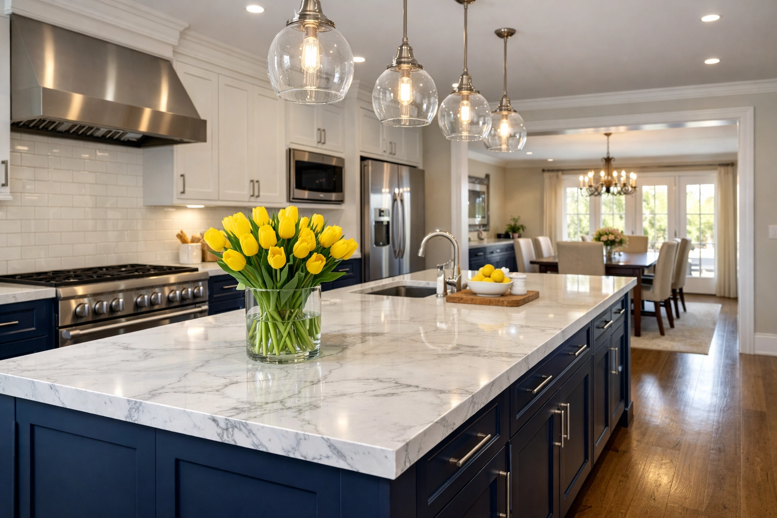 A deep-cleaned luxury kitchen in Medway with a white marble island and gleaming stainless steel appliances.