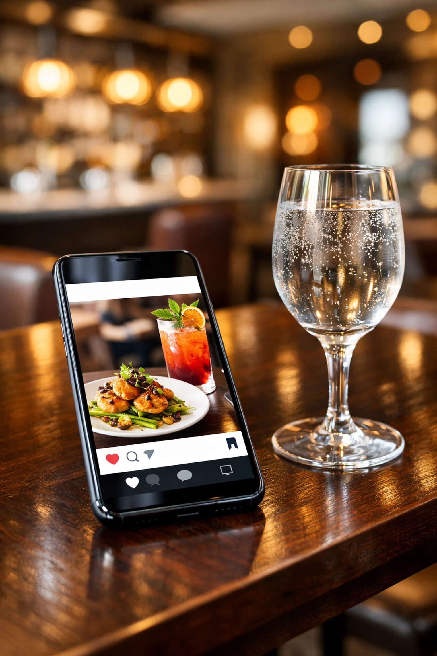 A smartphone displaying a restaurant marketing post on a dining table to drive growth and guest re-engagement.