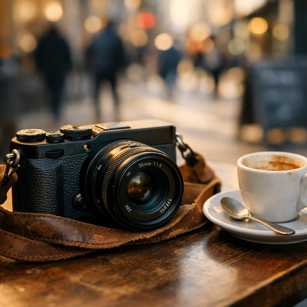 Compact mirrorless camera on a cafe table, showcasing essential gear for street photography success.