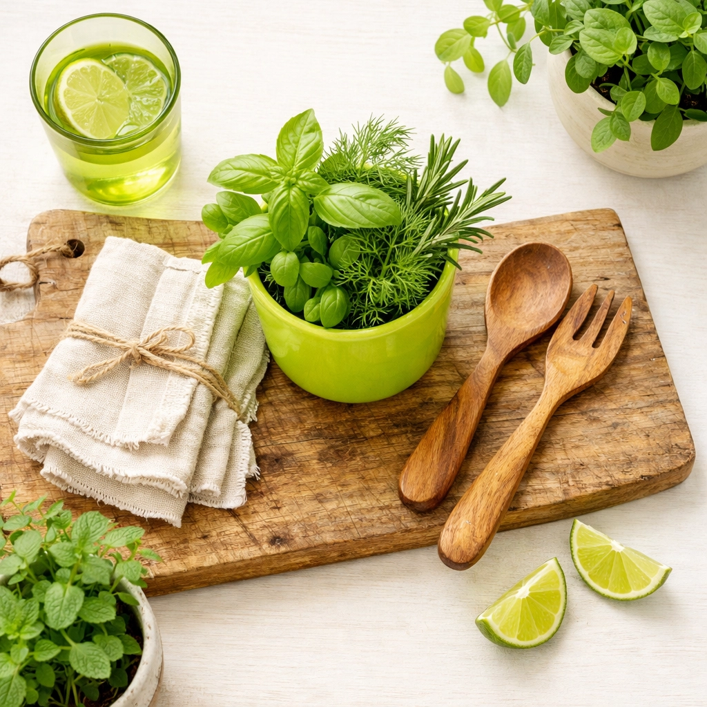 Kitchen vignette with wasabi green accents, handcrafted utensils, and fresh herbs