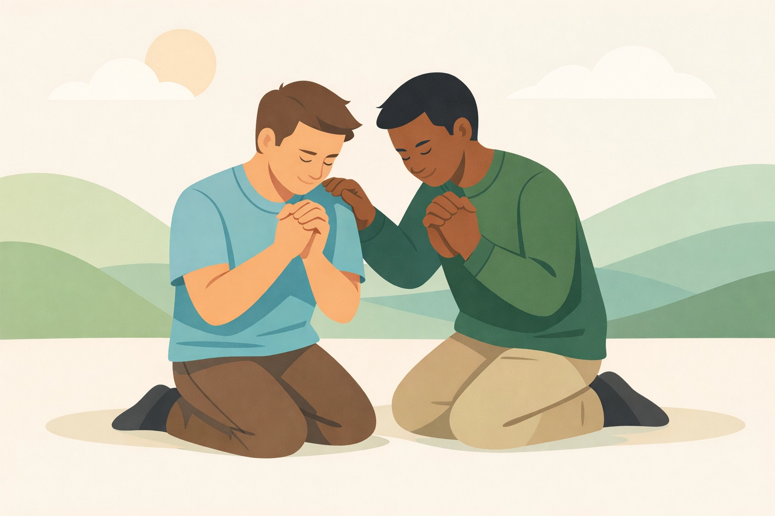 Men praying together with a hand on a shoulder