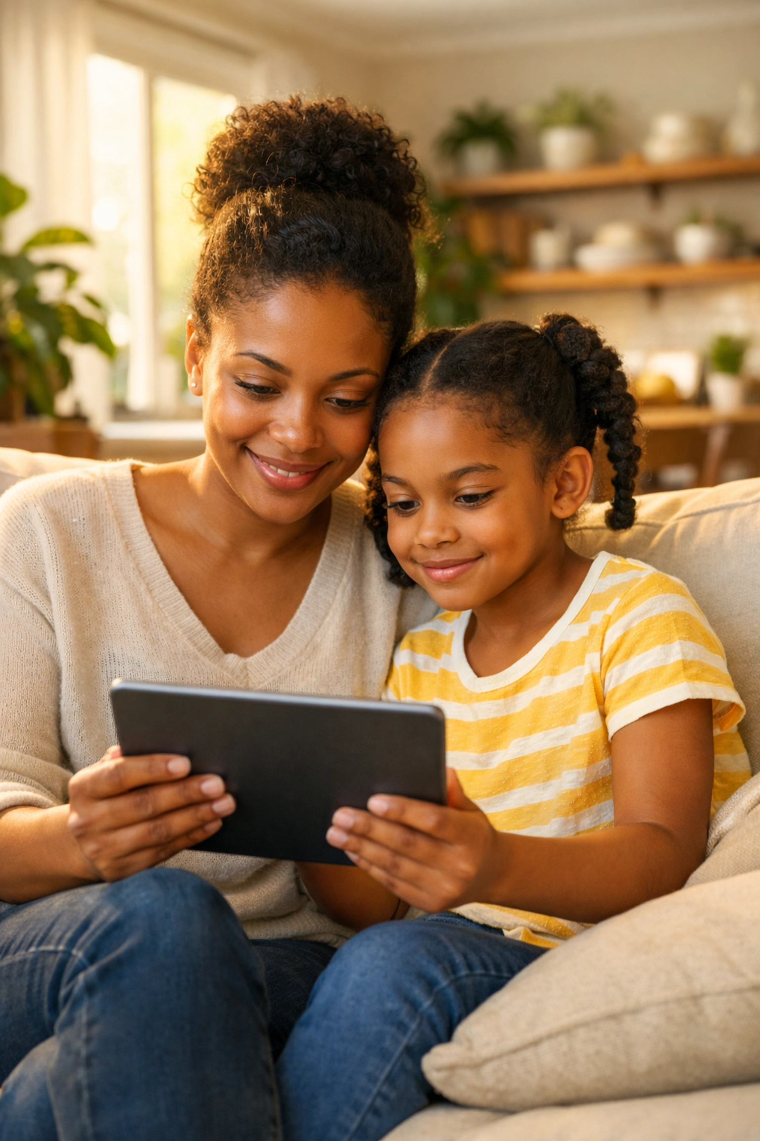 Black mother and daughter researching financial assistance on a tablet in a bright, safe New Jersey home.