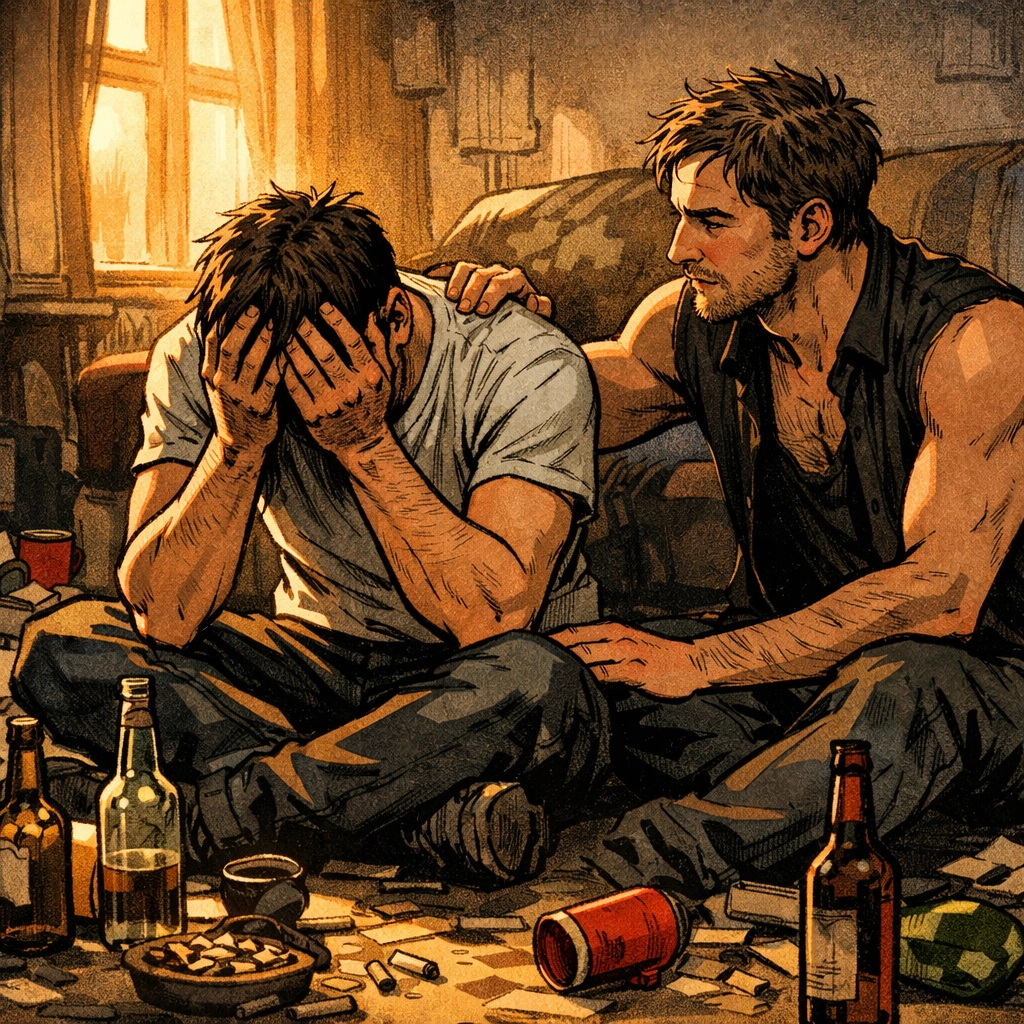 Two men in emotional moment after a wild night - gay romance exploring consequences