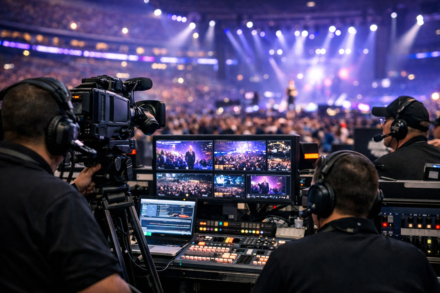 Behind-the-scenes production crew operating cameras and monitors during live stadium event activation