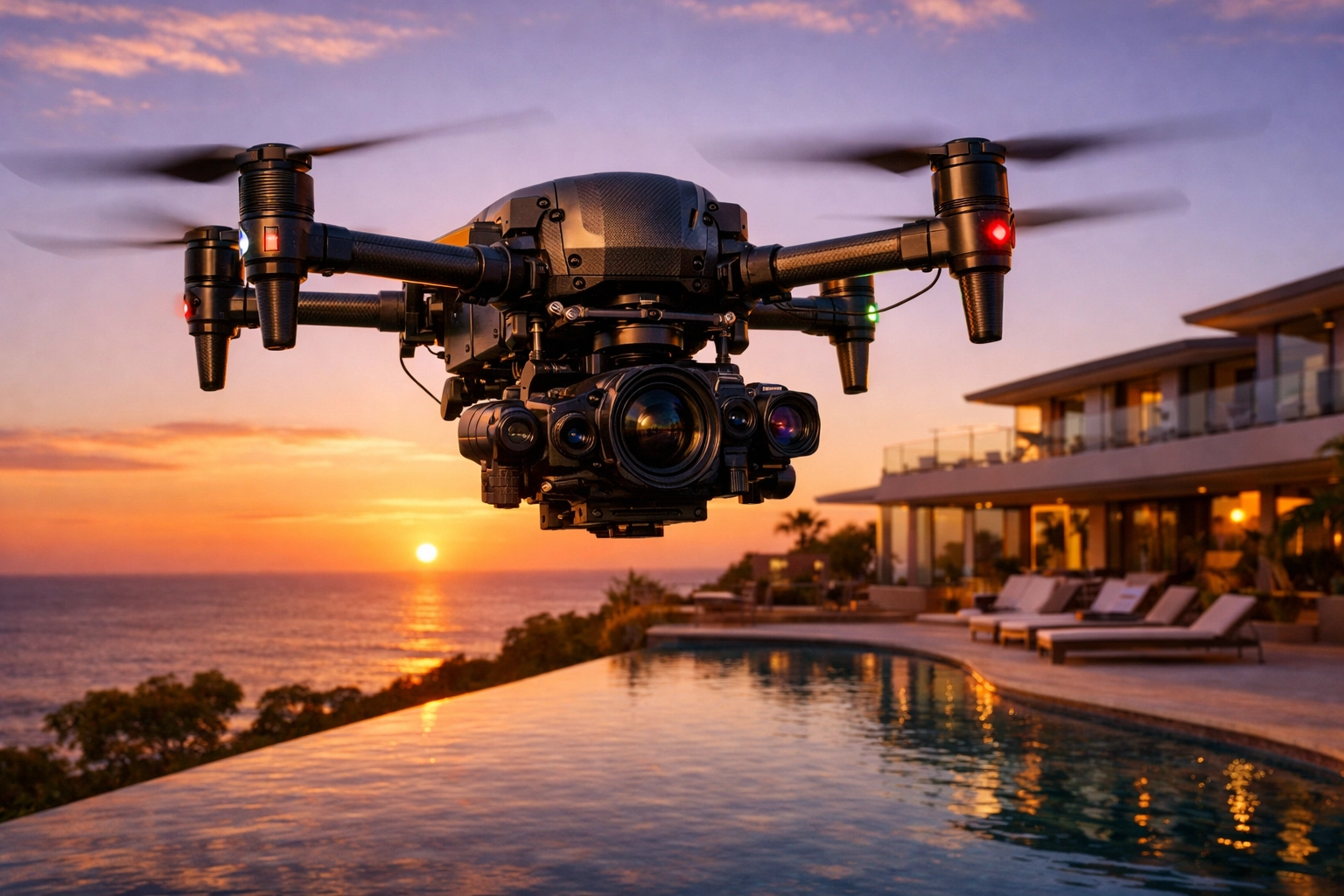 Professional drone capturing high-resolution aerial photos of a luxury mansion for Today's Photography & Videography News.
