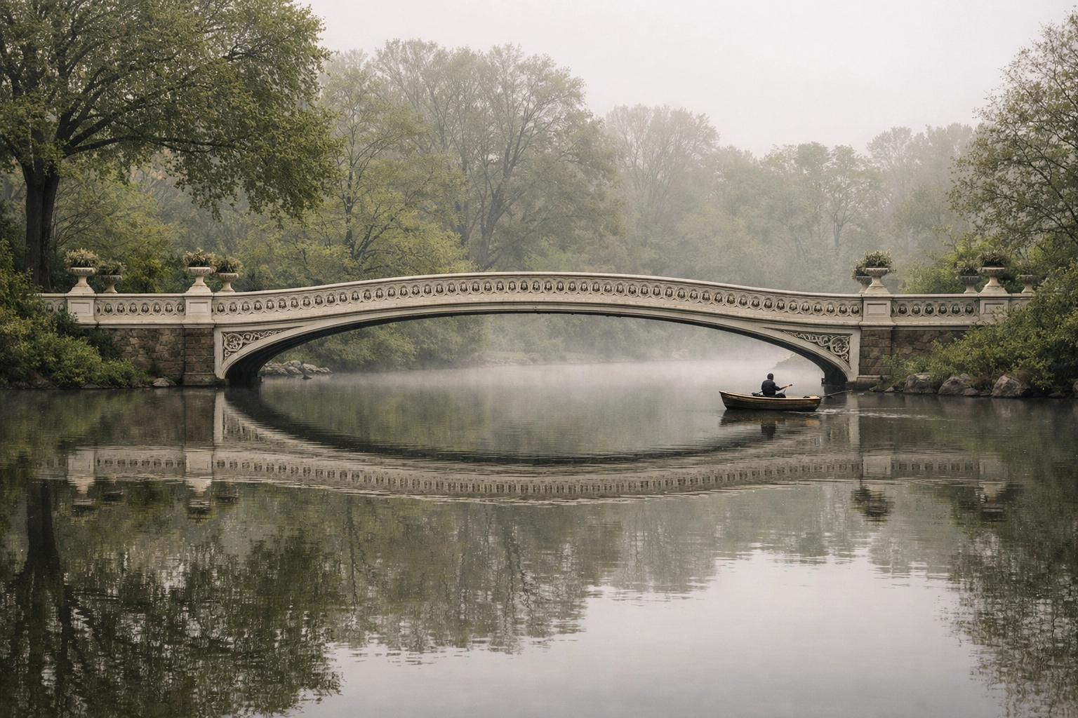 Bow Bridge in Central Park at sunrise with water reflections, one of the best places to take pictures in NYC.