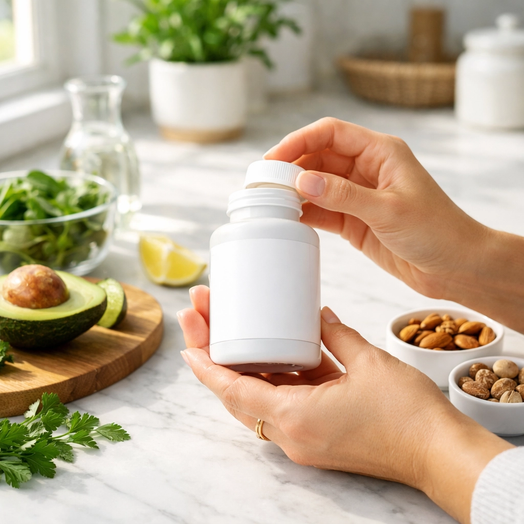 Woman holding supplement bottle with nutritious foods on kitchen counter