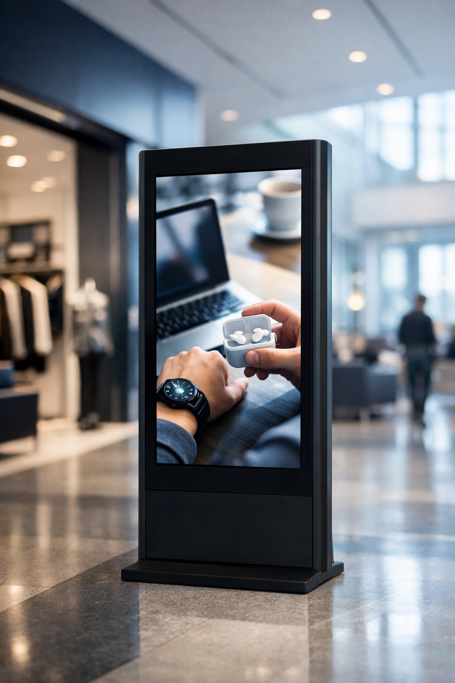 Sleek vertical digital advertising kiosk in a premium retail venue for hyper-targeted DOOH campaigns.