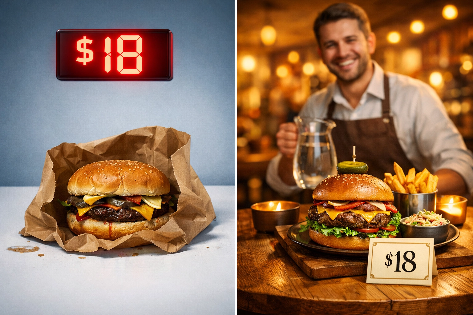Fast food burger in bag versus casual dining plated meal both priced at $18 showing 2026 pricing shift