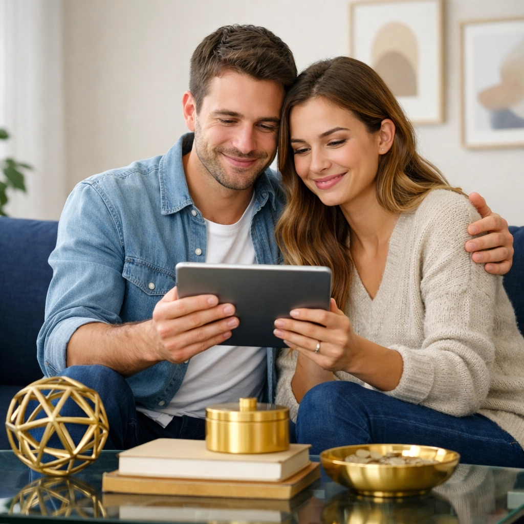 Couple on a sofa relieved after getting an online payday loan in Alberta via their tablet.