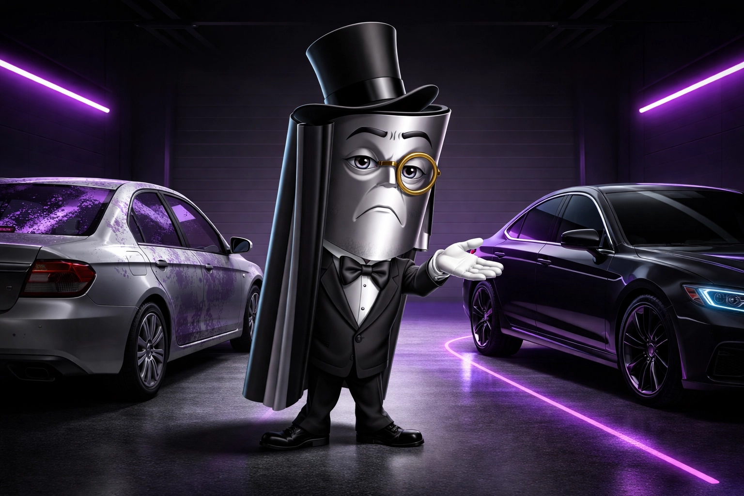 Sir tint-a-lot reviewing a bubbling, purple-tinted car versus a perfectly tinted luxury vehicle, highlighting Raleigh car window tinting quality.