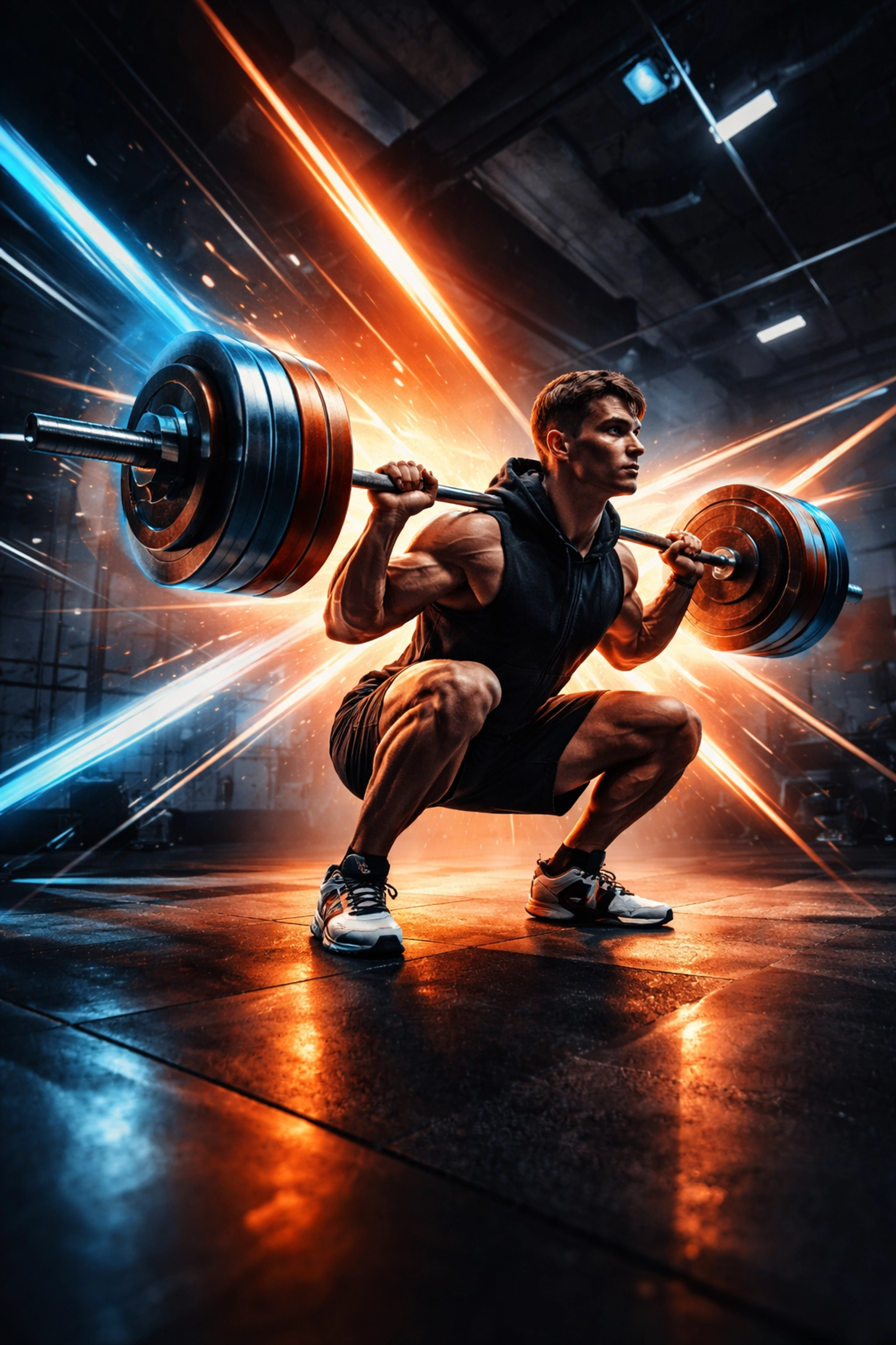 Young athlete performing a deep squat in a gym, highlighting focused strength training during off-season workouts.