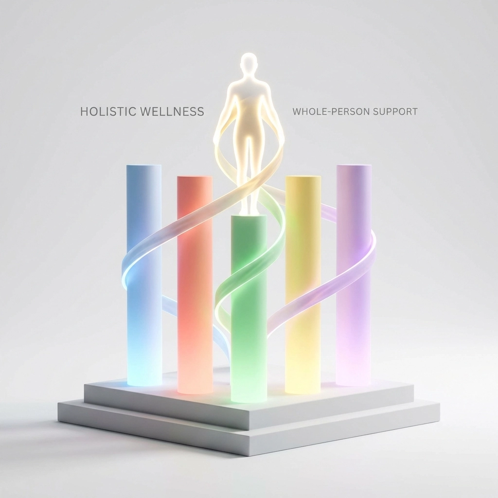 Illustration depicting five pillars of holistic wellness, representing whole-person support in recovery programs.