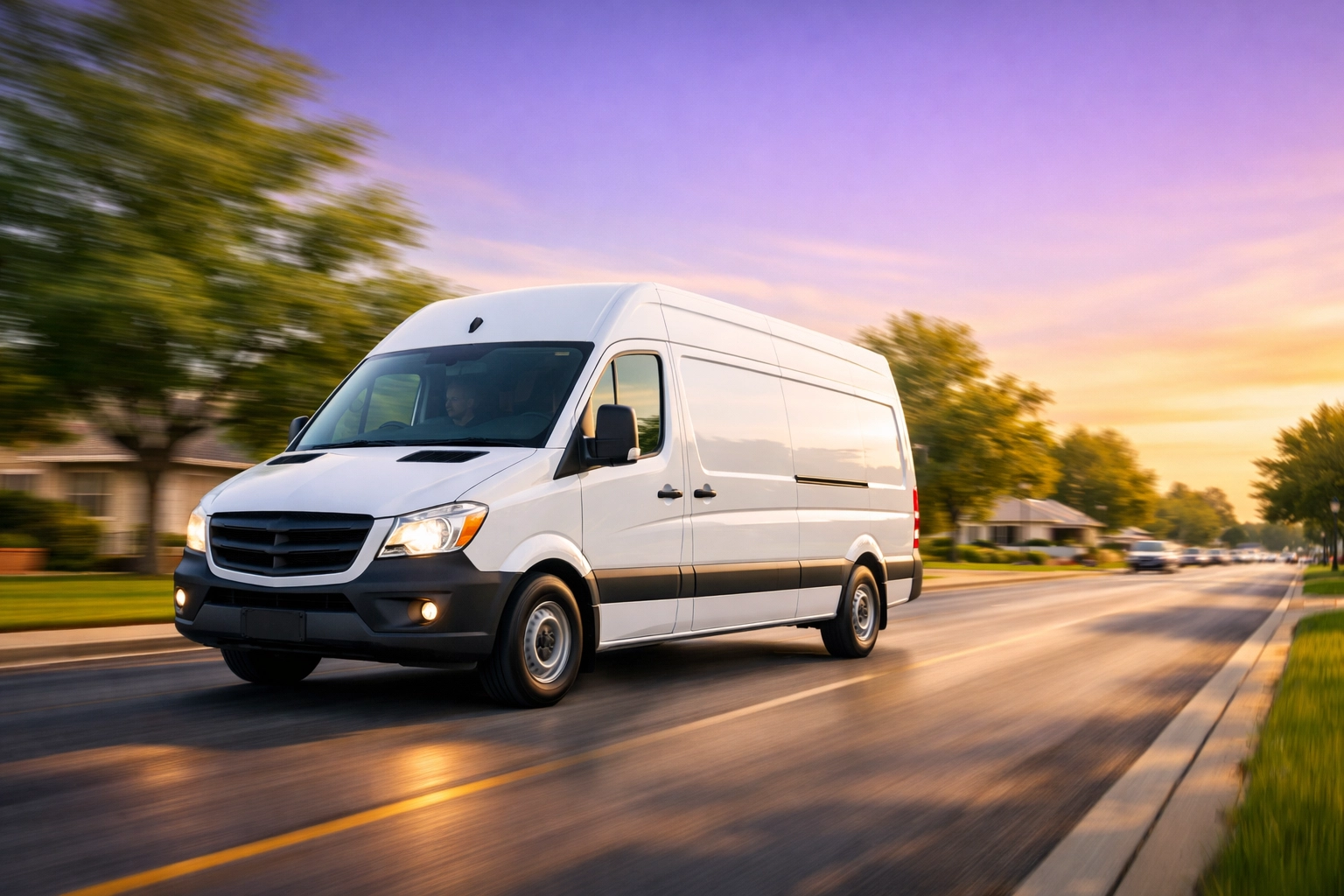 A professional service van driving through a suburban neighborhood to reach local service-area customers.