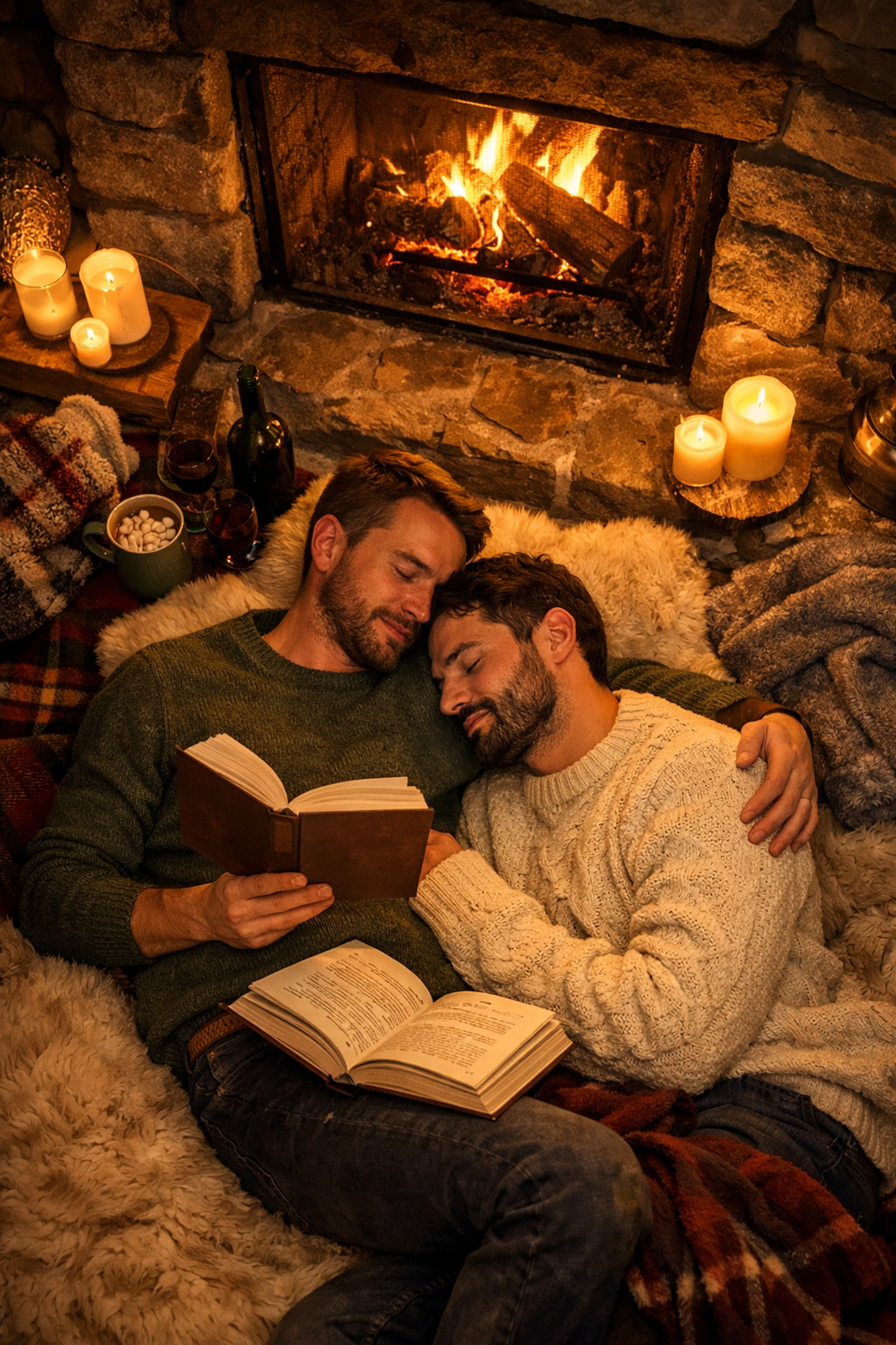Gay couple reading together by fireplace during cozy winter cabin getaway