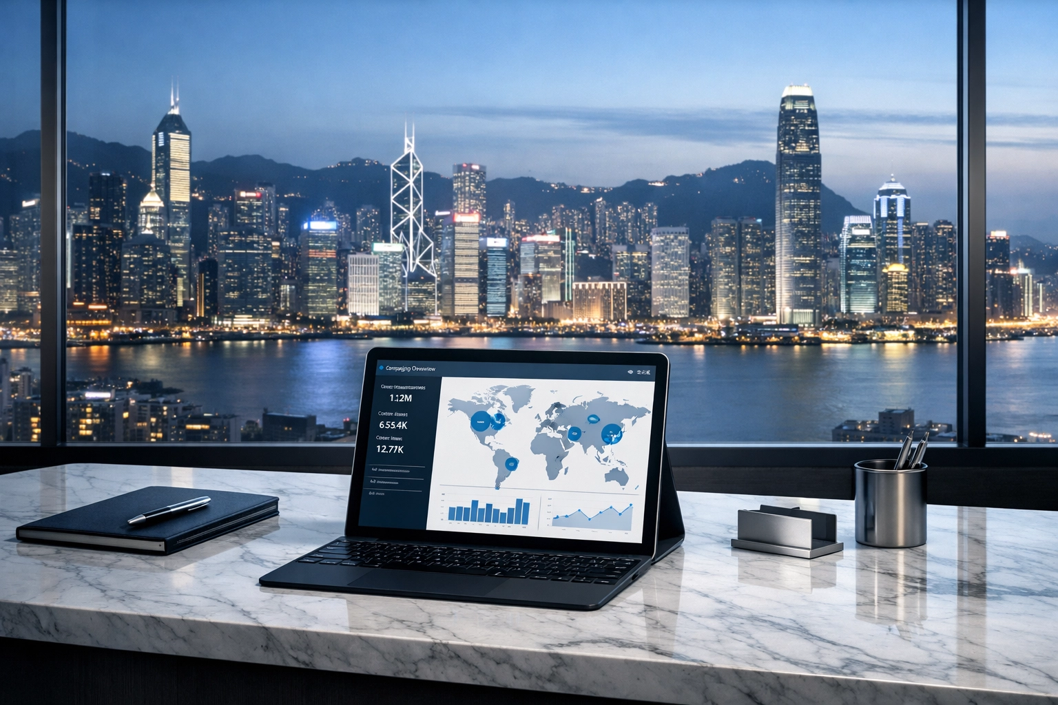 Modern tablet showing a global DOOH campaign dashboard with a city skyline background.