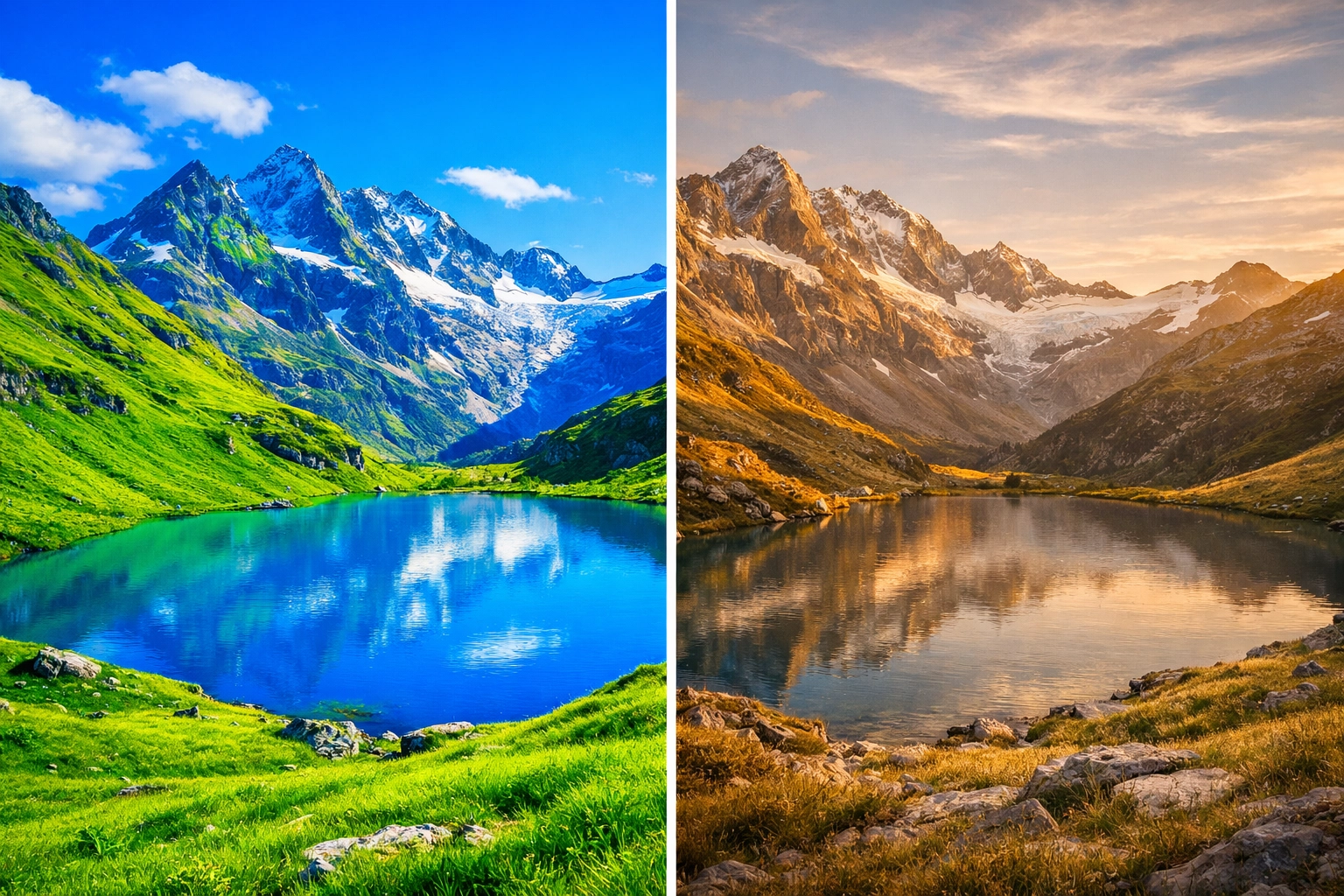 Photo editing secrets showing professional color grading versus an over-saturated landscape photo.