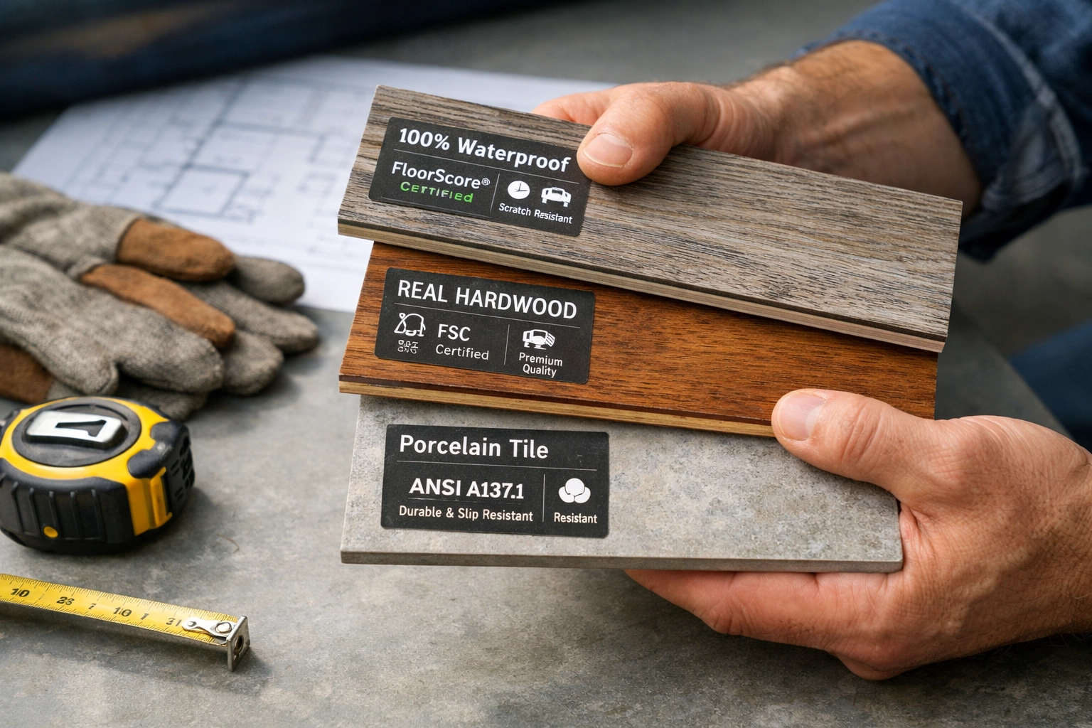 Professional contractor examining certified flooring material samples for healthy home installation