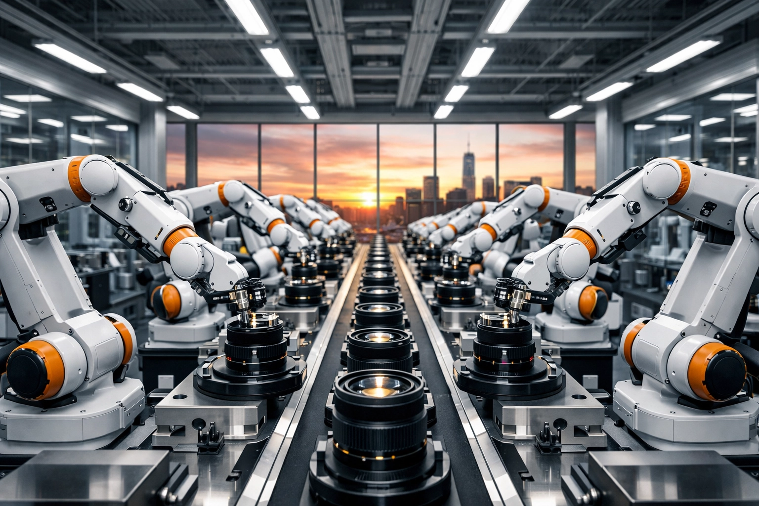 Automated robotic arms in a US factory assembling lenses, illustrating shifts in gear manufacturing.