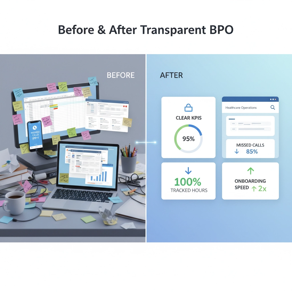 Before & After Transparent BPO — chaotic desk vs. calm dashboard view with measurable stats