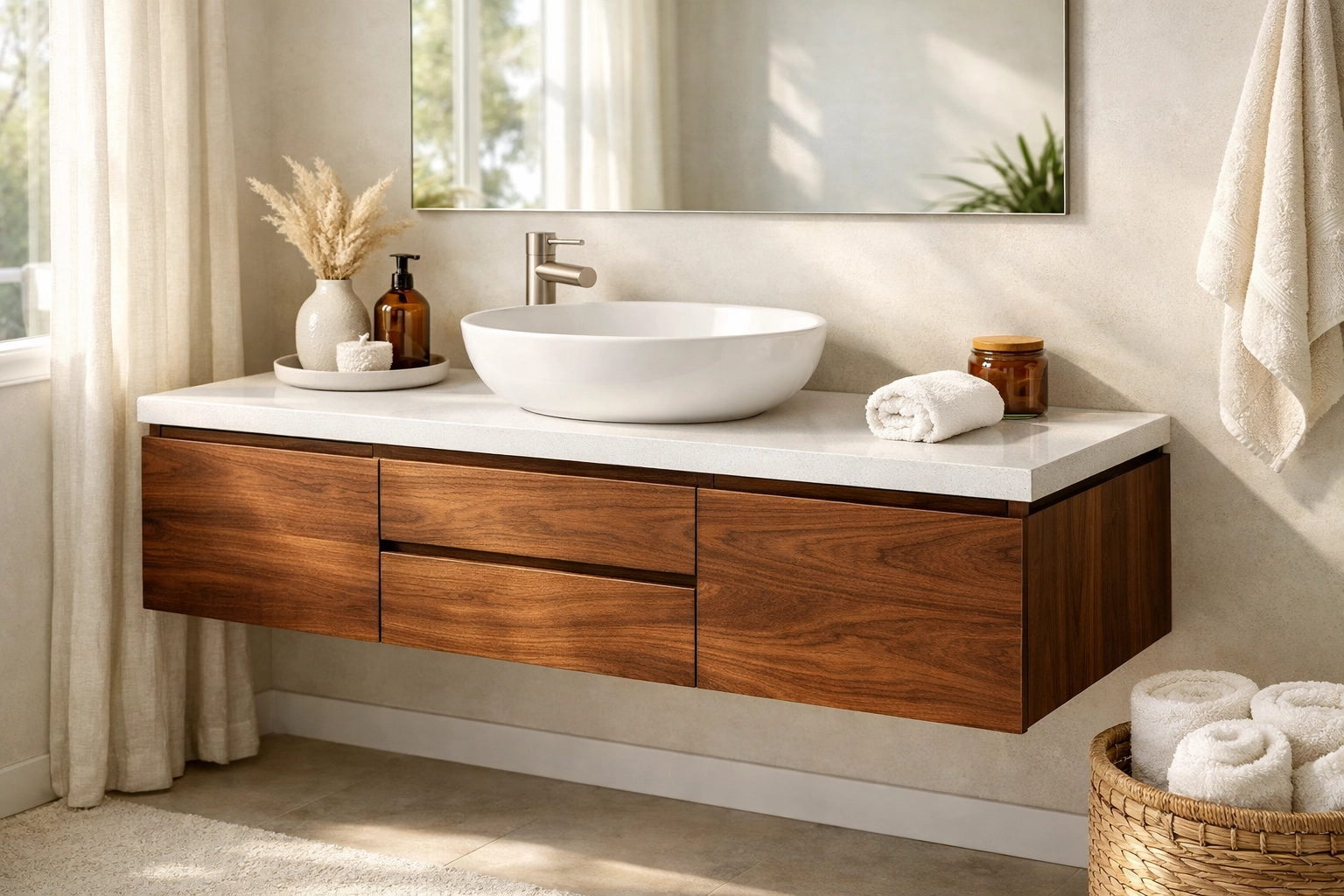 Custom bathroom vanity in dark walnut with modern white quartz countertop for a Minnesota remodel.