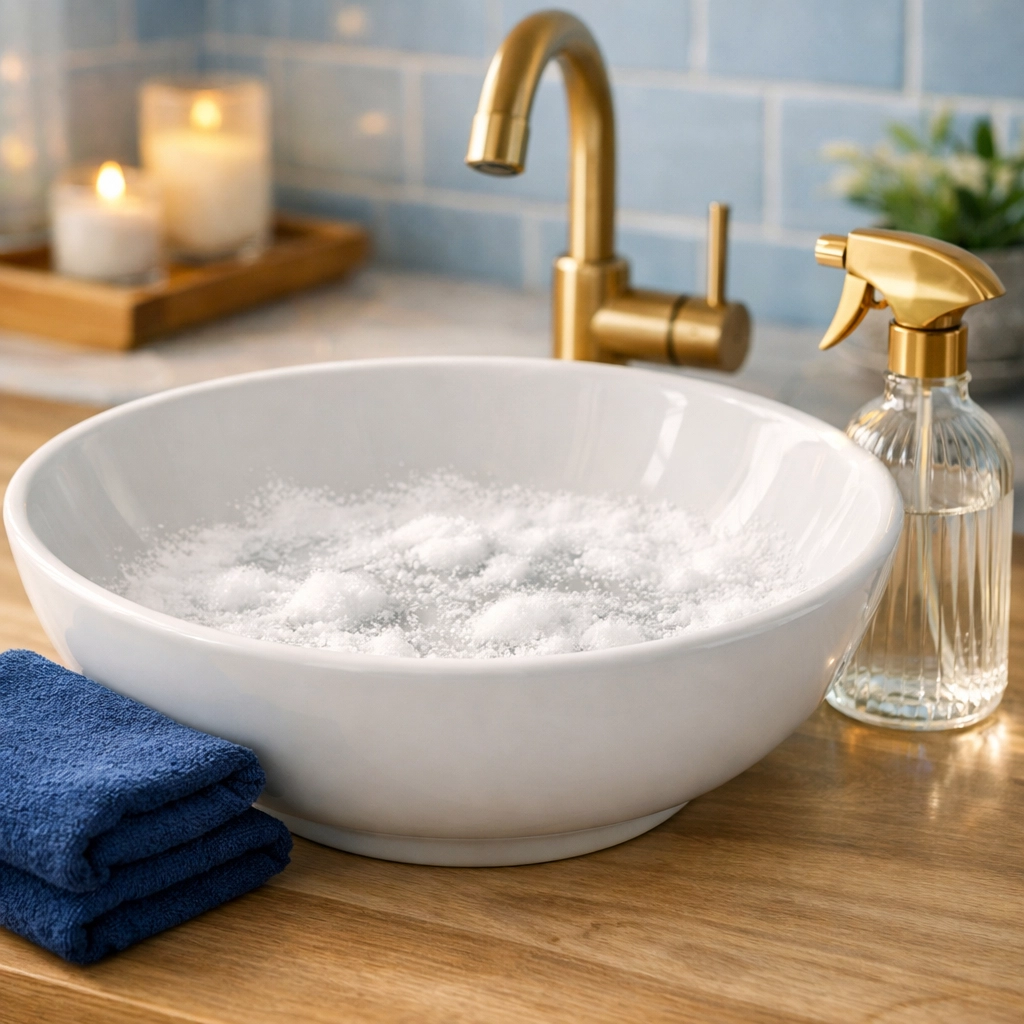 Eco-friendly deep cleaning of a white porcelain bathroom sink with baking soda and a microfiber cloth.