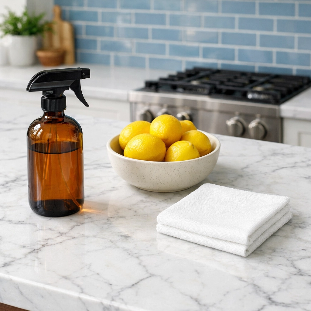 Eco-friendly house cleaning supplies and non-toxic spray on a luxury kitchen counter in Weston MA.