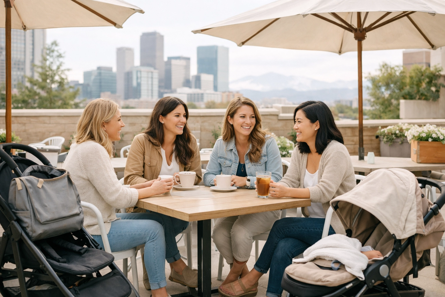 Small pod of moms meeting at a Denver café