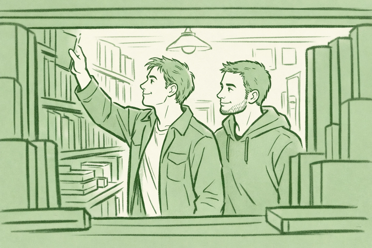 Two men browsing LGBTQ+ books together in independent bookstore - MM romance readers