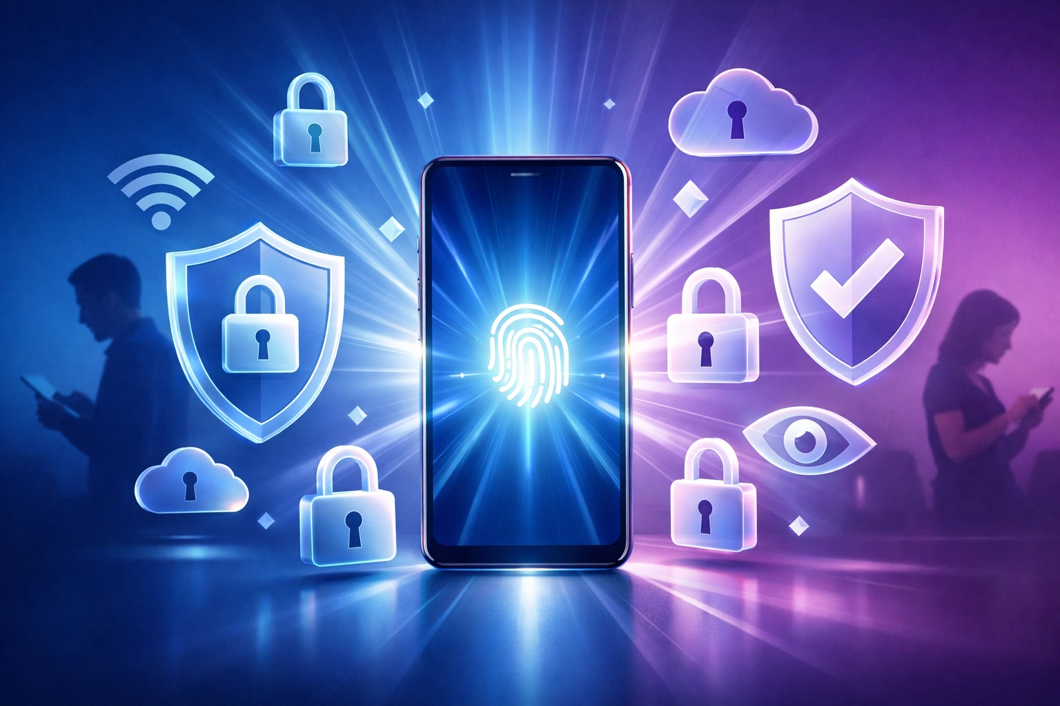 Smartphone surrounded by digital privacy and security symbols representing online data protection